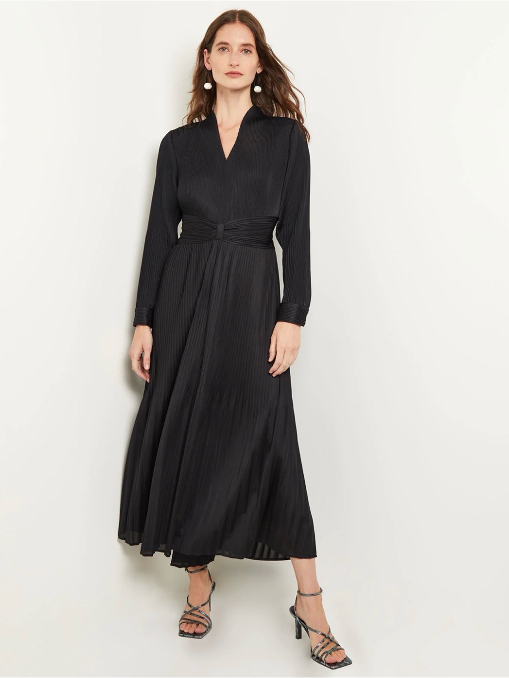 Misook Fit-And-Flare Pliss A-Line Pleated Maxi Dress Medium Black